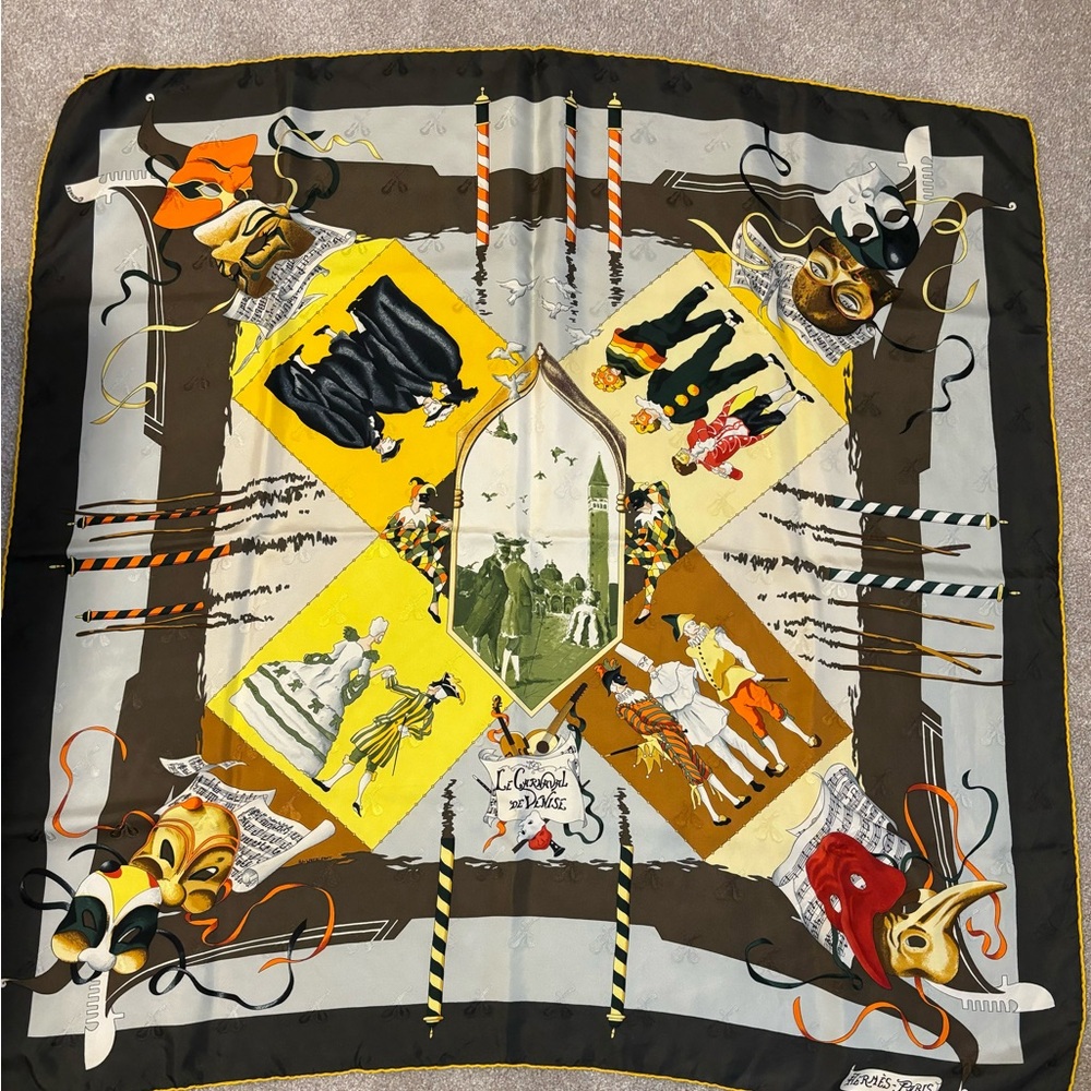 AUTHENTIC HERMES LE CARNAVAl DE VENISE SILK SCARF BY H de WANTRIGANT.